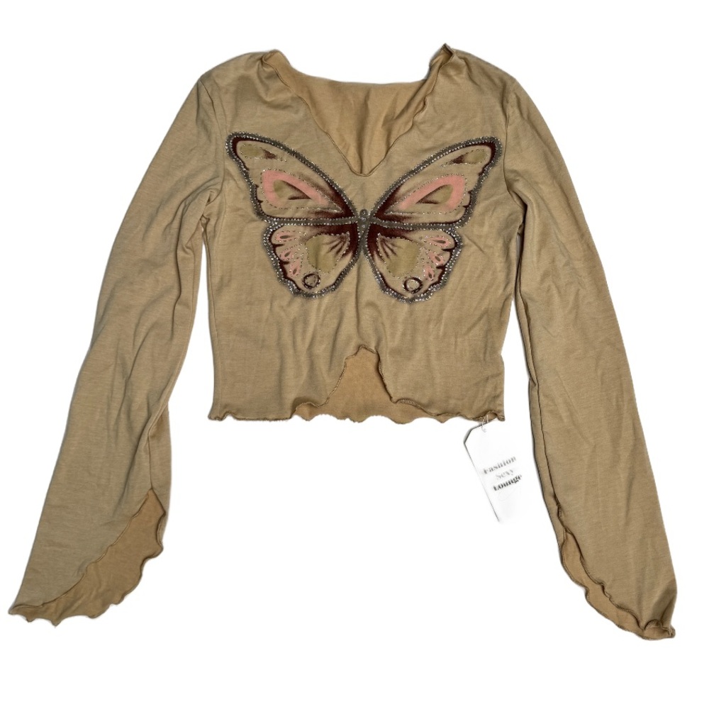 Y2K Diamond Butterfly Print Long Sleeve Top Beige